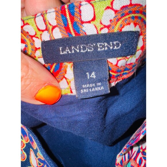 Lands End 100% Linen Apron Dress Pockets 14 Multicolor Paisley Floral Office Chu - Picture 7 of 11